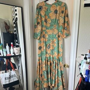 Autumn Adeigbo Green and Orange Floral Long Sleeve Dress